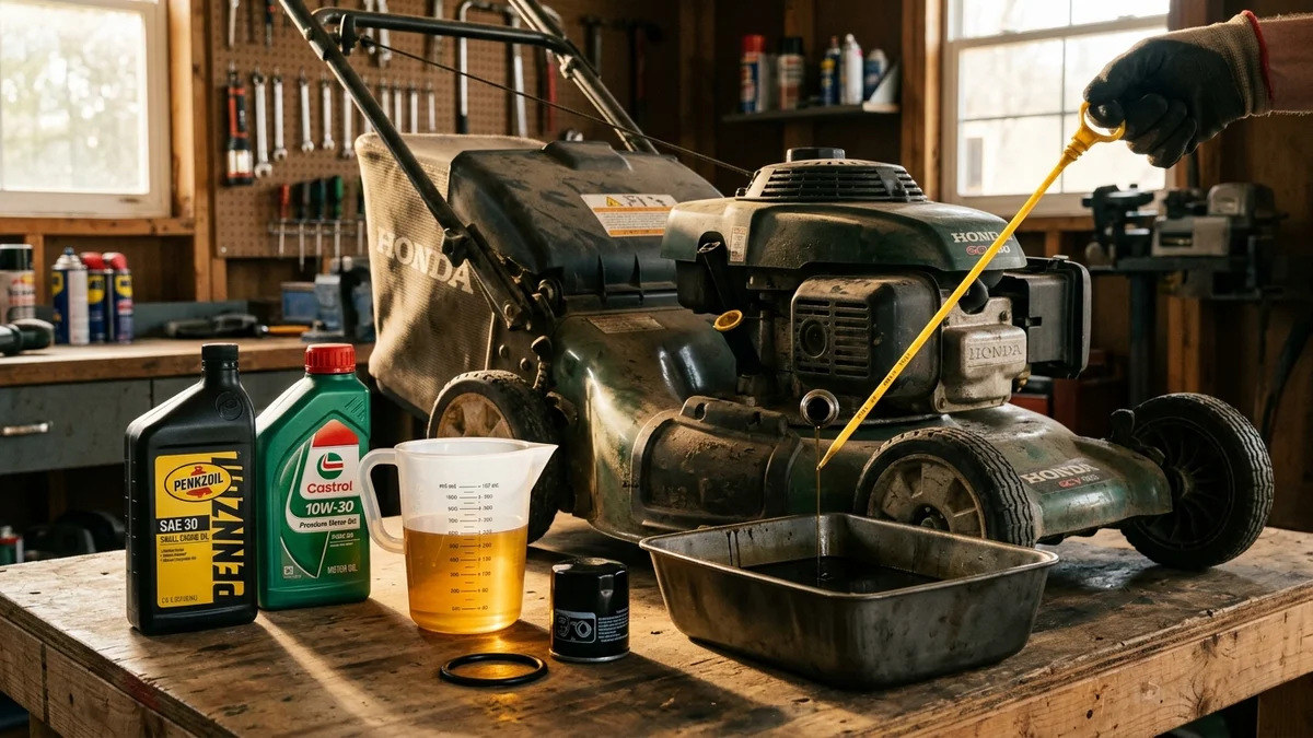 Lawn mower small engine oil change service showing SAE 30 and 10W-30 bottles, measuring jug, and dipstick on garage workbench