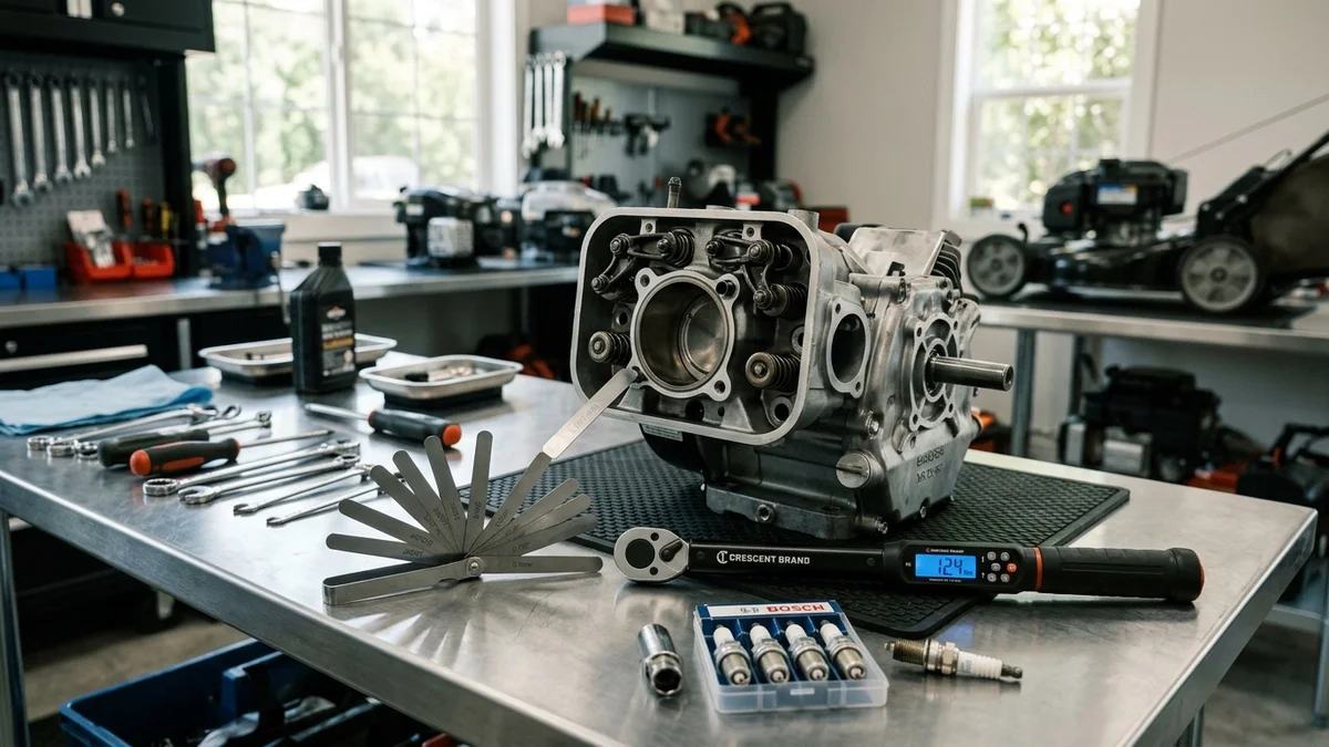 Small engine diagnostic laboratory workshop workbench with multimeter and torque tools