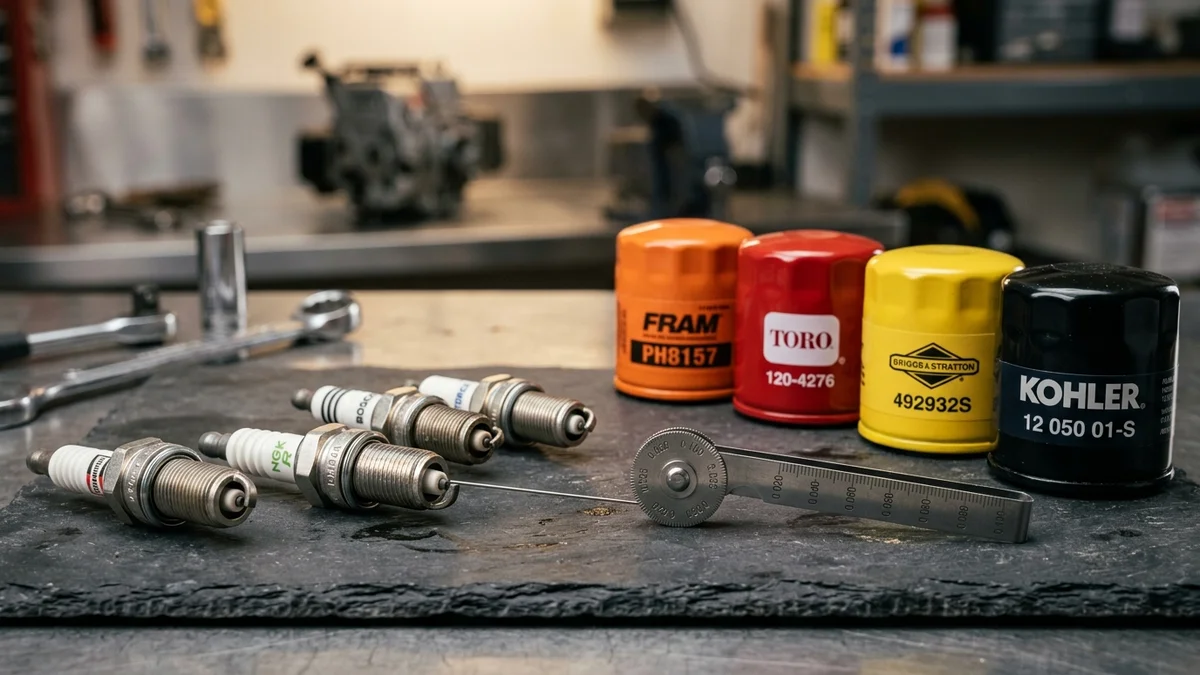 Macro photograph of Champion, NGK, and Torch spark plugs with spin-on oil filters and feeler gauge gap tool on mechanical workbench