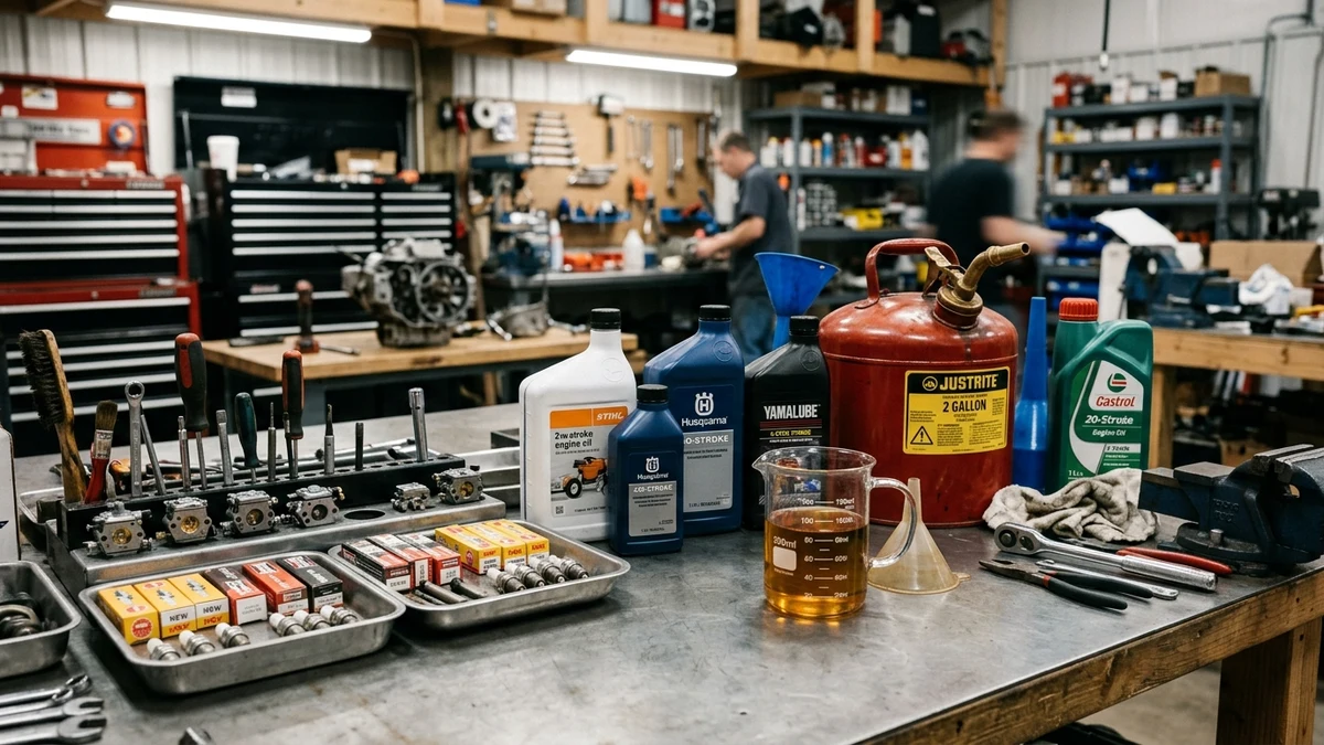 Mechanical workshop bench with bottles of two-stroke engine oil, measuring beaker, and gasoline can